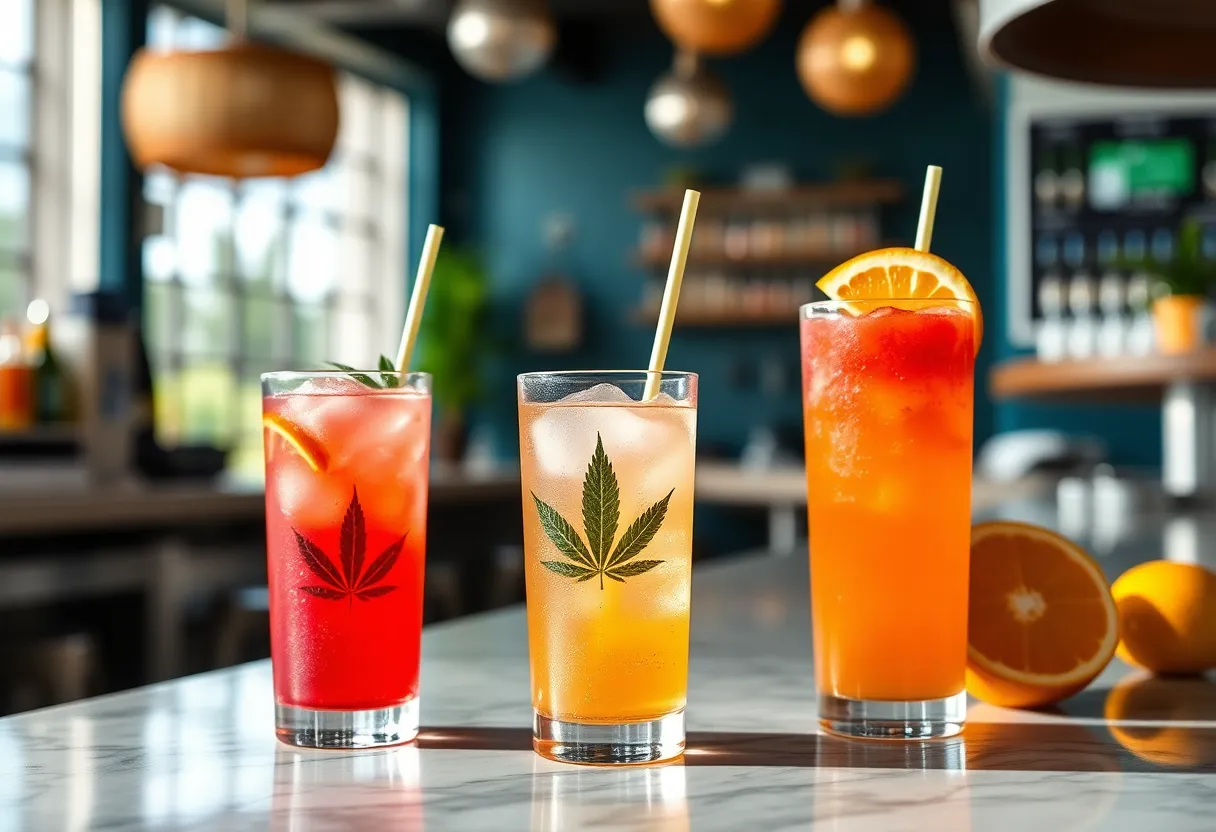 Colorful hemp-infused seltzer drinks on a bar counter
