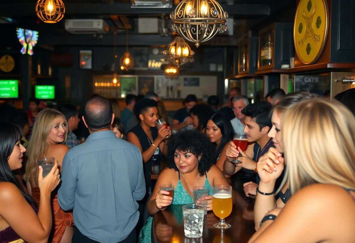 Interior view of a lively bar in Charleston filled with people enjoying their night out.