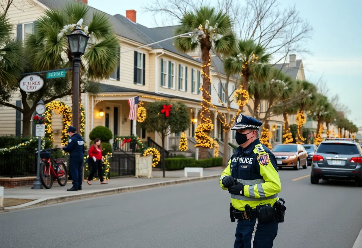 Police car in front of a decorated house in Charleston during the holiday season.