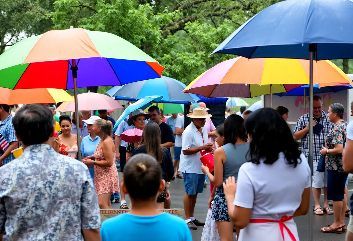 Community gathering in Charleston with umbrellas in the rain