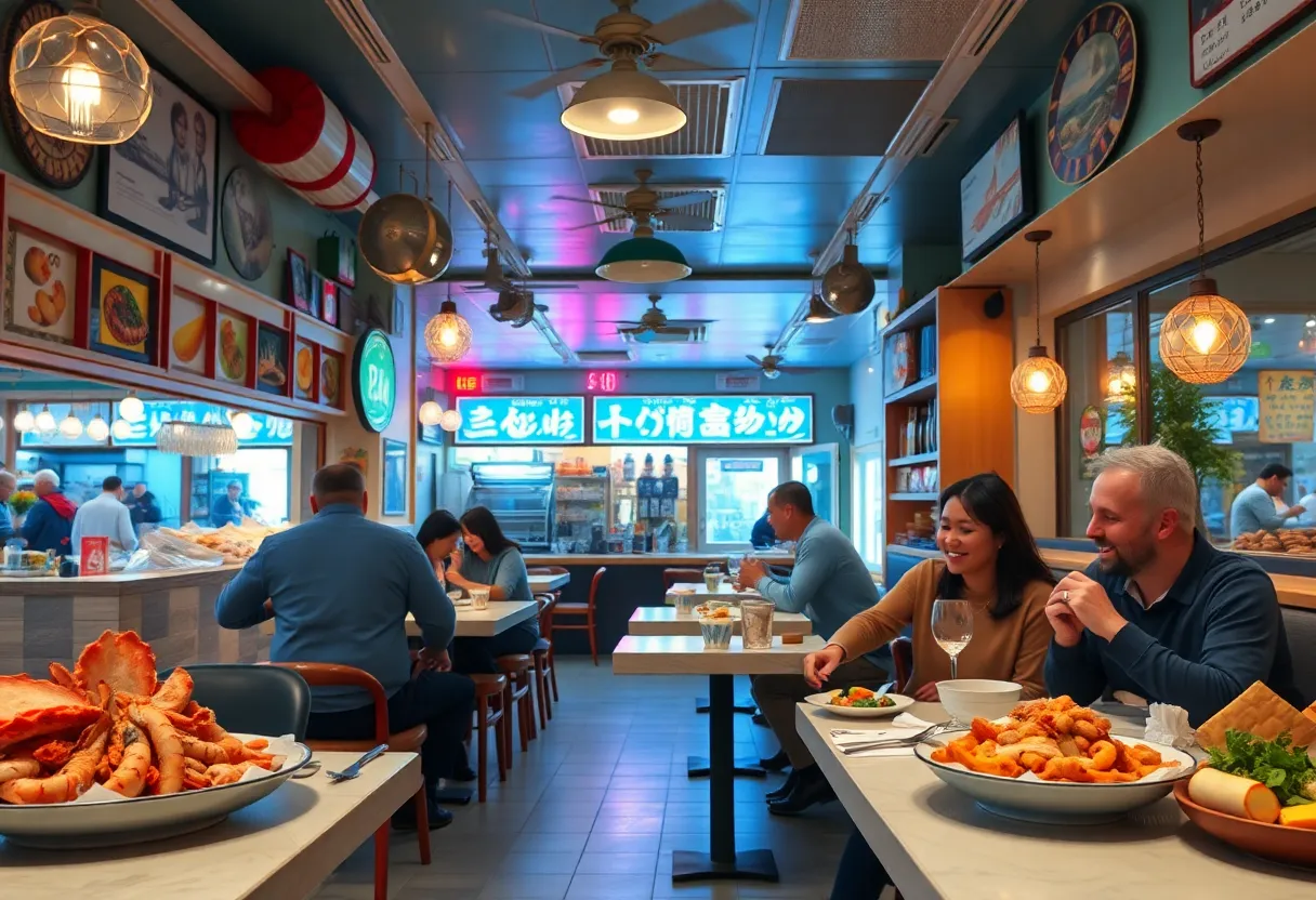 Interior of Charleston Crab House with customers enjoying seafood dishes.