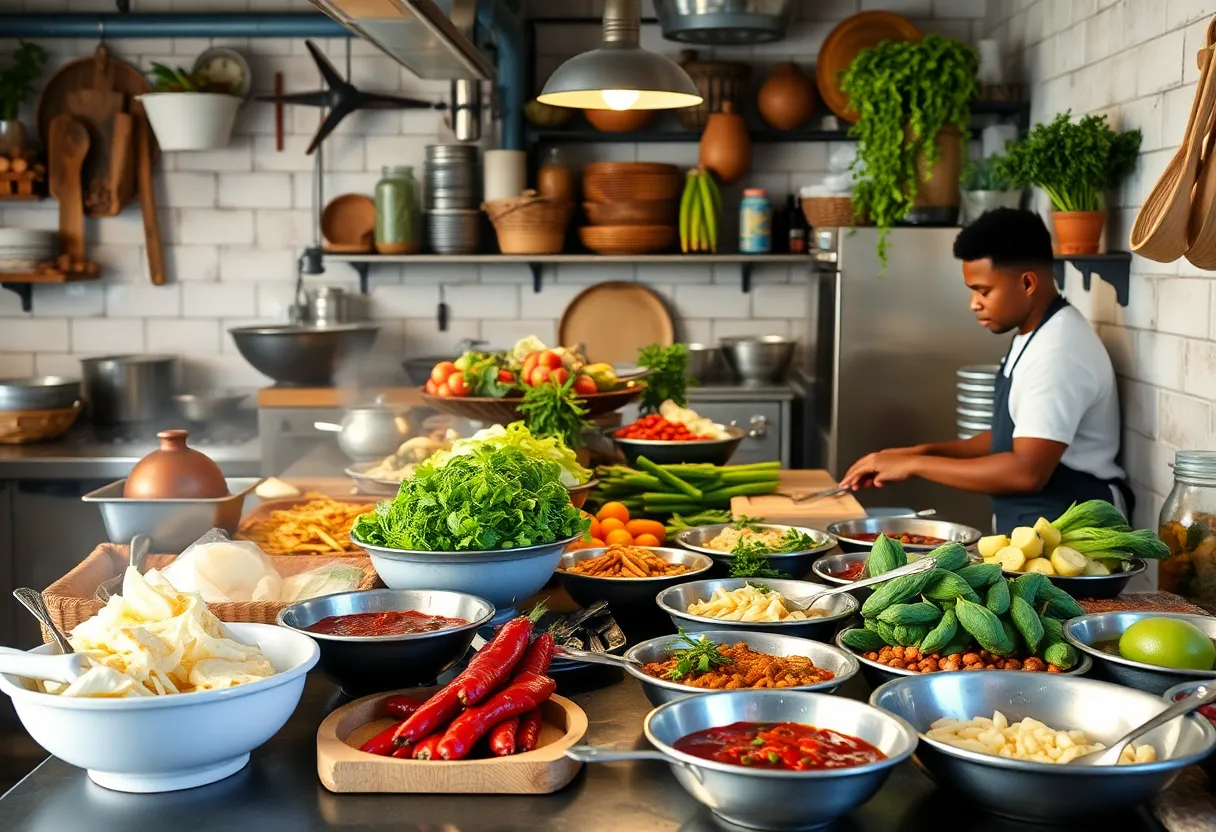 A vibrant kitchen displaying a variety of spices and ingredients used in Charleston cuisine.