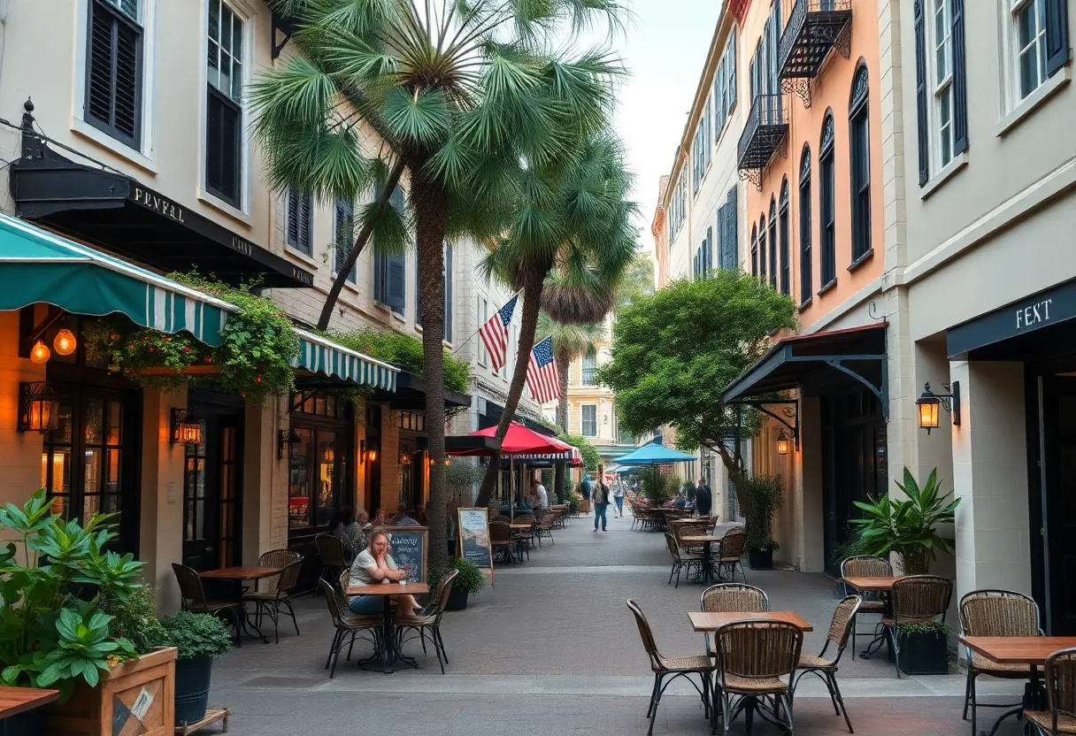 Outdoor dining scene in Charleston, showcasing various restaurants