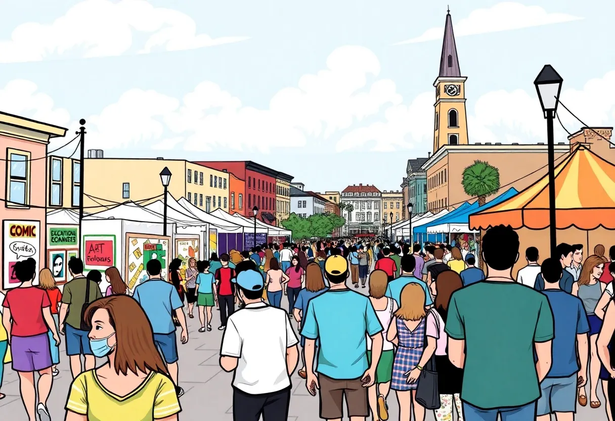 A lively view of multiple events happening in Charleston, featuring art, music, and food gatherings.