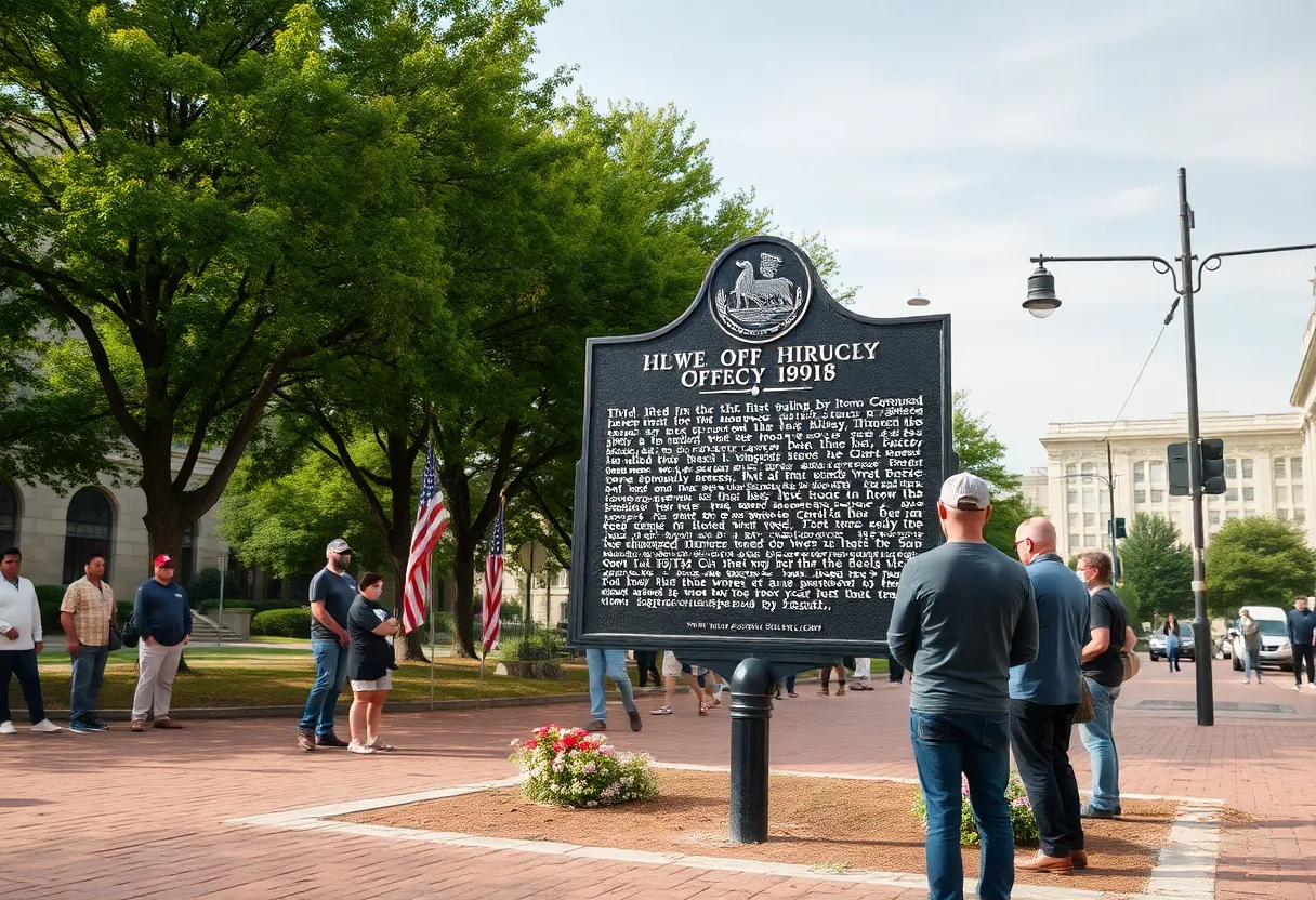 A historical marker commemorating the largest slave auction site in Charleston.