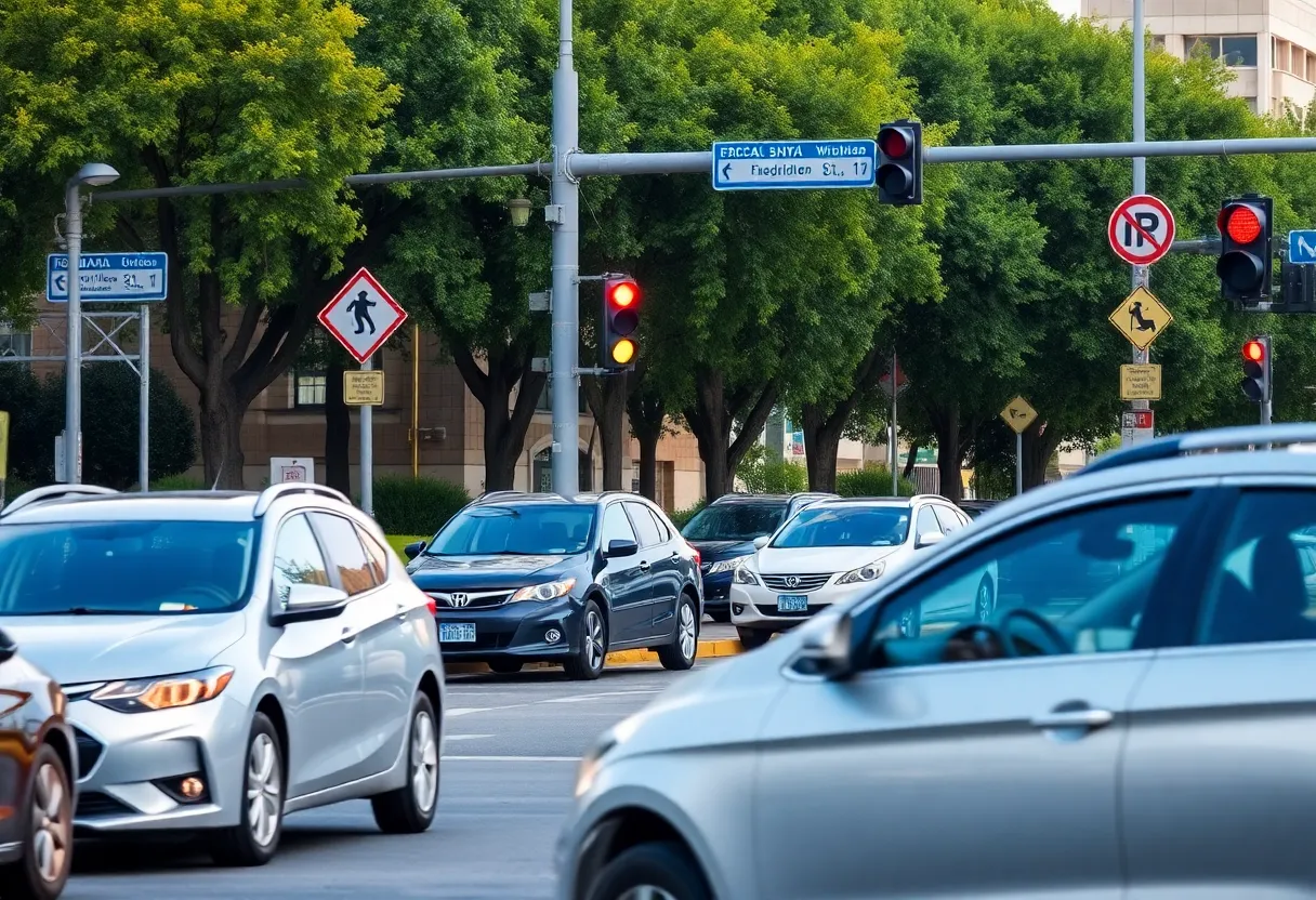 Cars navigating a busy intersection with traffic signals