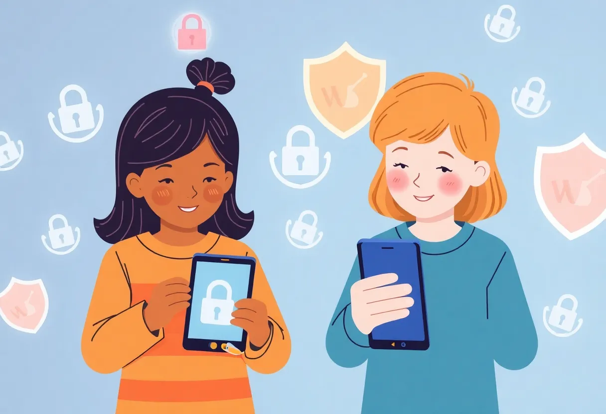 Children using smartphones with safety symbols representing online protection.