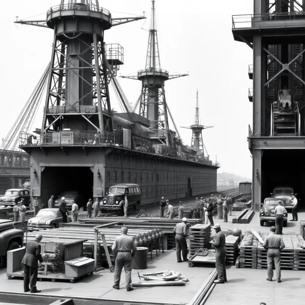 Historical image of Charleston Naval Shipyard during World War II