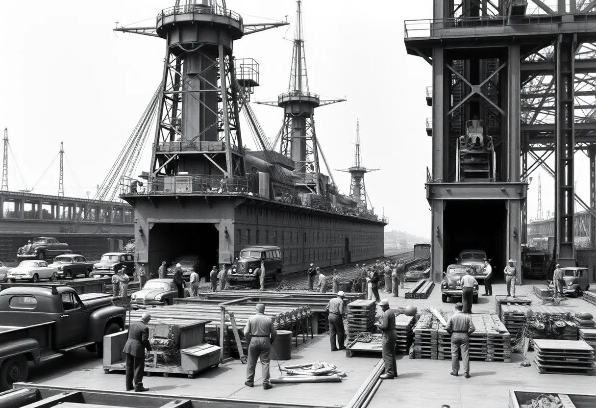 Historical image of Charleston Naval Shipyard during World War II