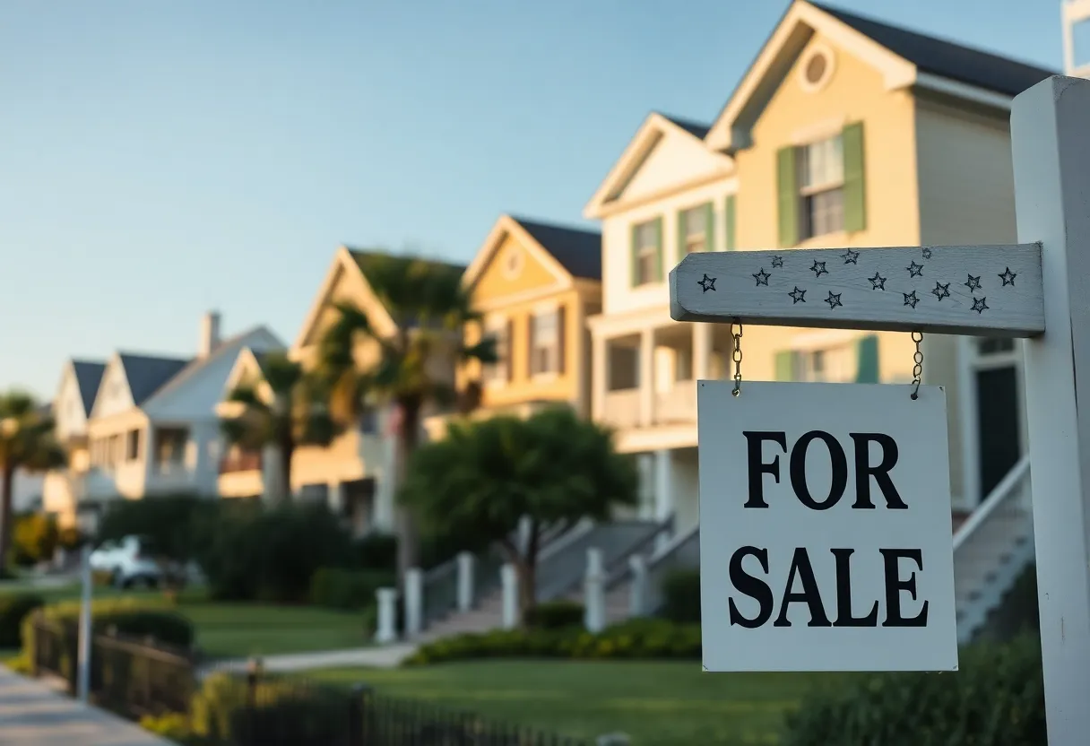 A beautiful Charleston neighborhood with a for-sale sign in front of a house.