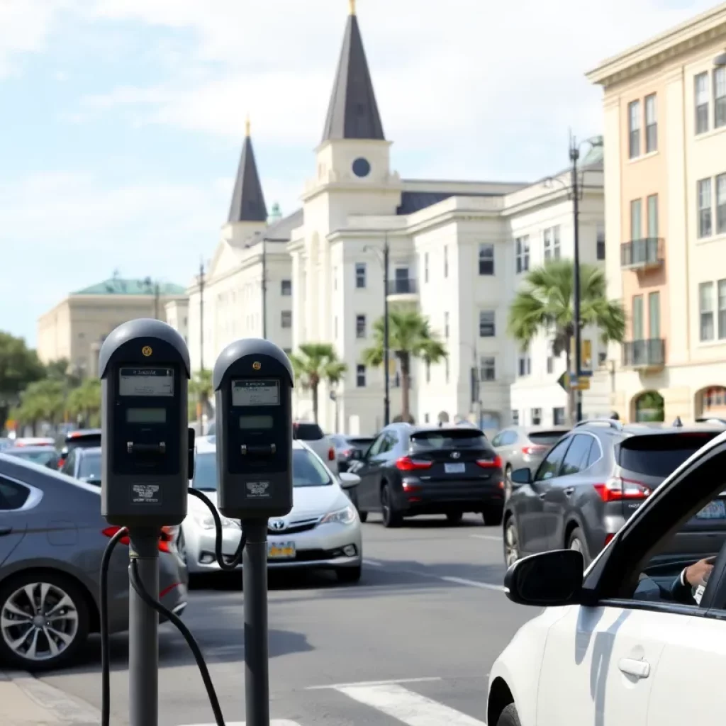 Malfunctioning parking meters on a busy street in Charleston.