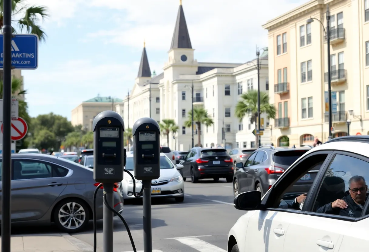 Malfunctioning parking meters on a busy street in Charleston.