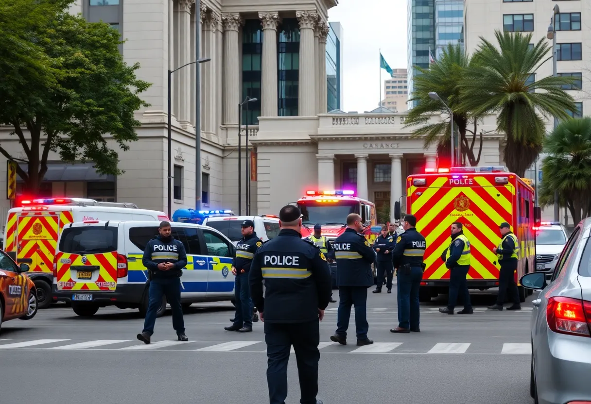 Charleston police securing an area outside a government building.