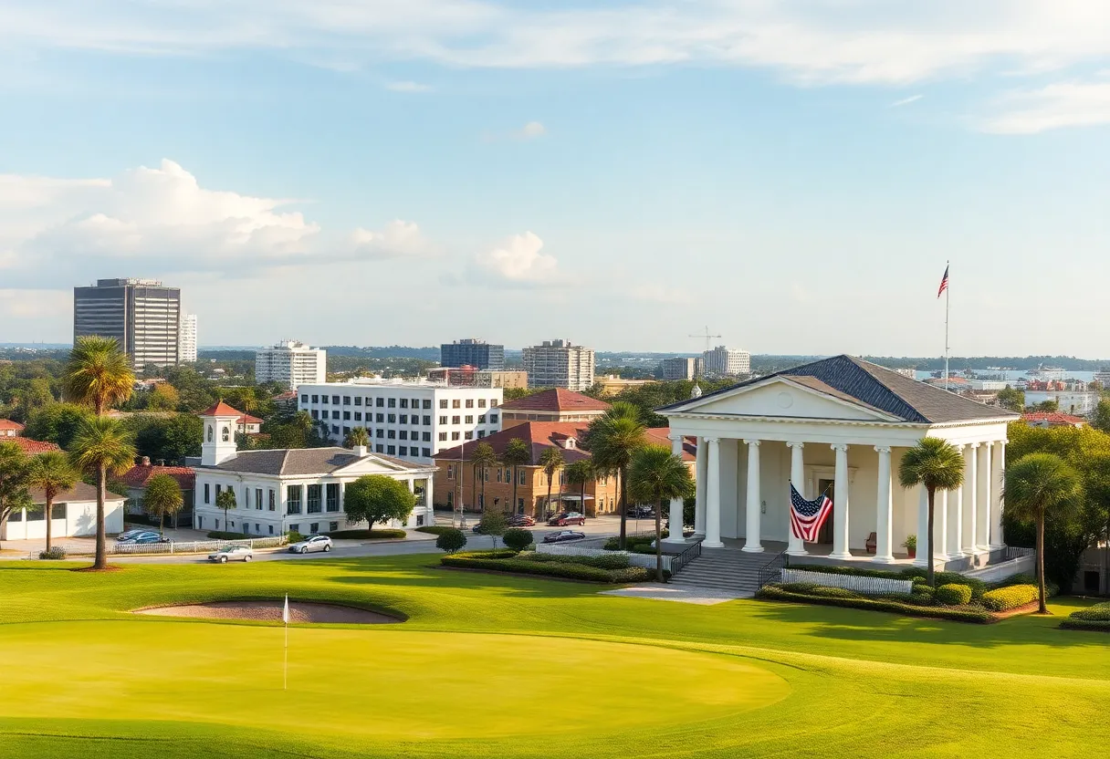 A view of Charleston during Presidents Day with a golf course and museum.