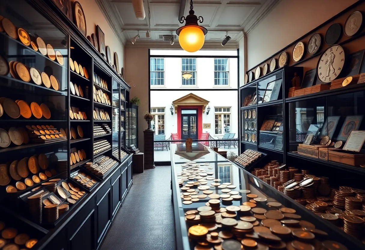 Interior of Charleston Rare Coins, featuring vintage coins and collectibles.