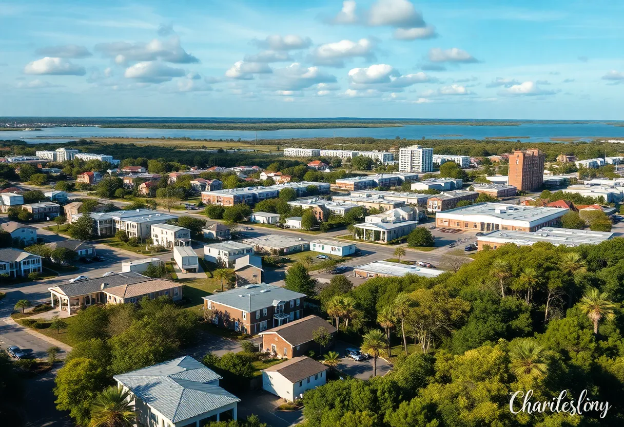 A view of new housing developments and the Sherwood Manufactured Housing Community in Charleston.