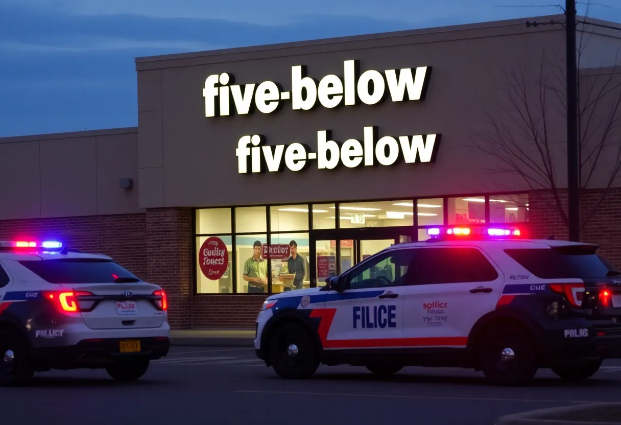 Police cars parked outside a Five Below store during an incident.