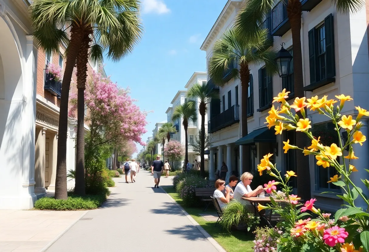 A picturesque Charleston street basked in sunshine, showcasing vibrant spring flowers and people enjoying outdoor activities.