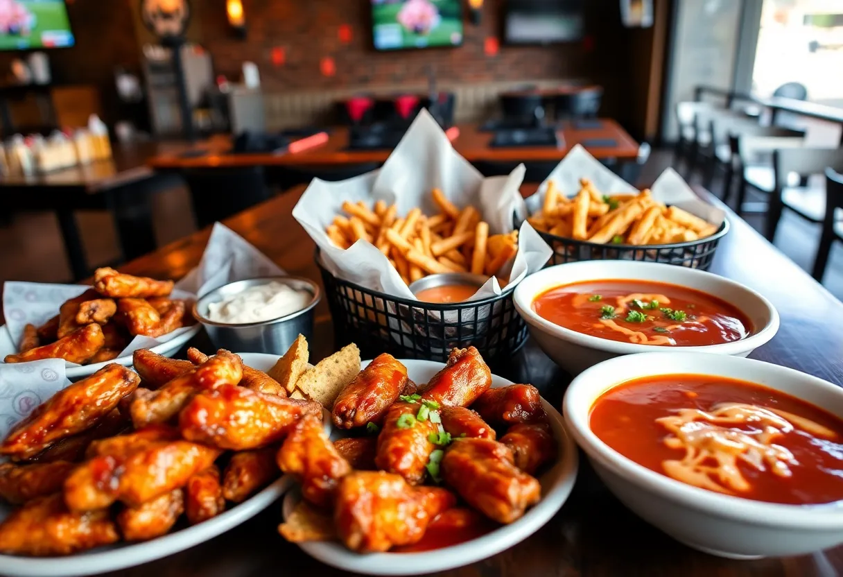 A colorful spread of Super Bowl food including wings, nachos, and dips at a Charleston sports bar.