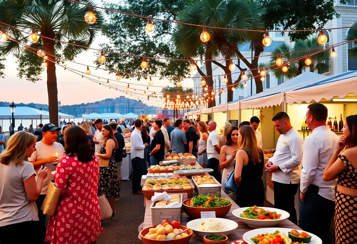 Attendees enjoying the Charleston Wine + Food Festival, featuring stunning food displays and chefs at work.