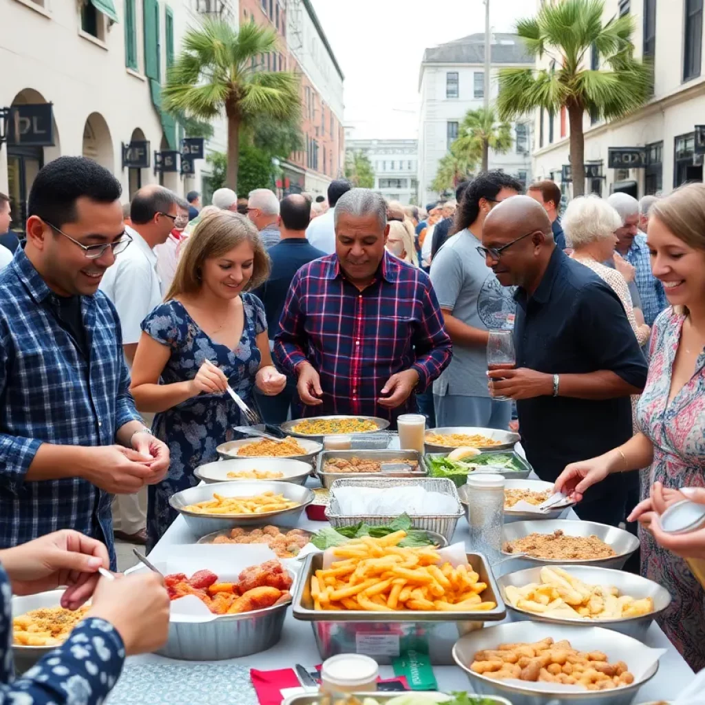 Residents of Charleston enjoying local cuisines during a community event.