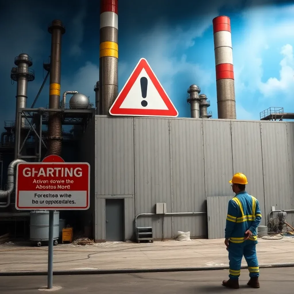Warning sign about asbestos at a chemical plant