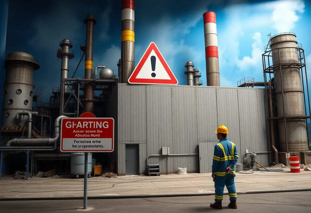 Warning sign about asbestos at a chemical plant