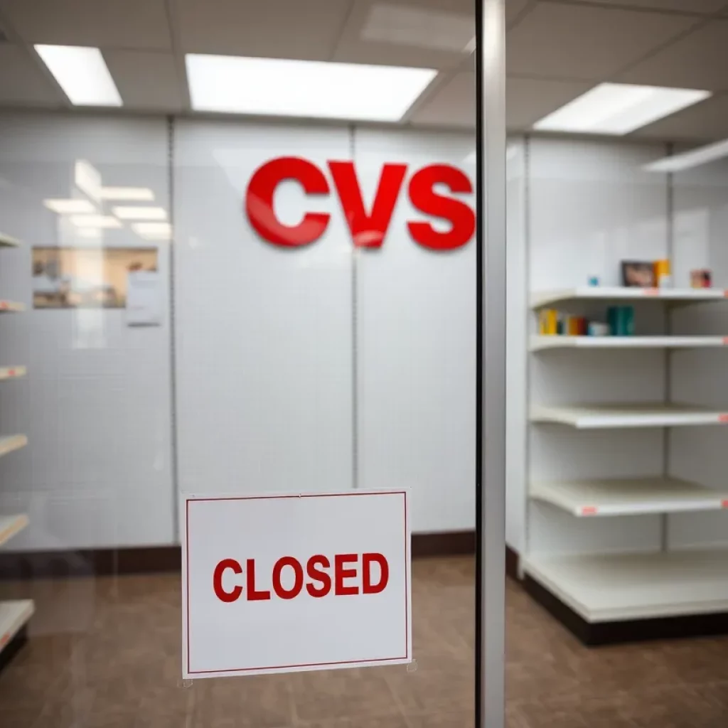 Exterior view of a closed CVS store with a 'Closed' sign.
