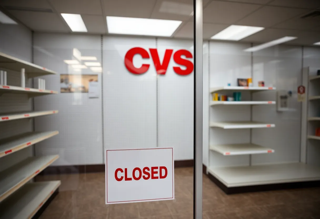 Exterior view of a closed CVS store with a 'Closed' sign.