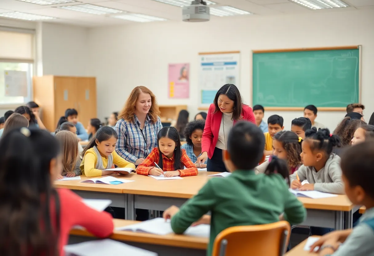 Diverse students collaborating with two teachers in a classroom setting.