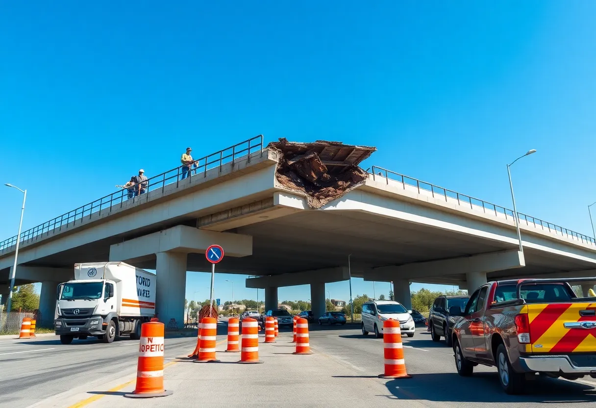 Workers conducting repairs on the College Park Road overpass with traffic detours in the area.