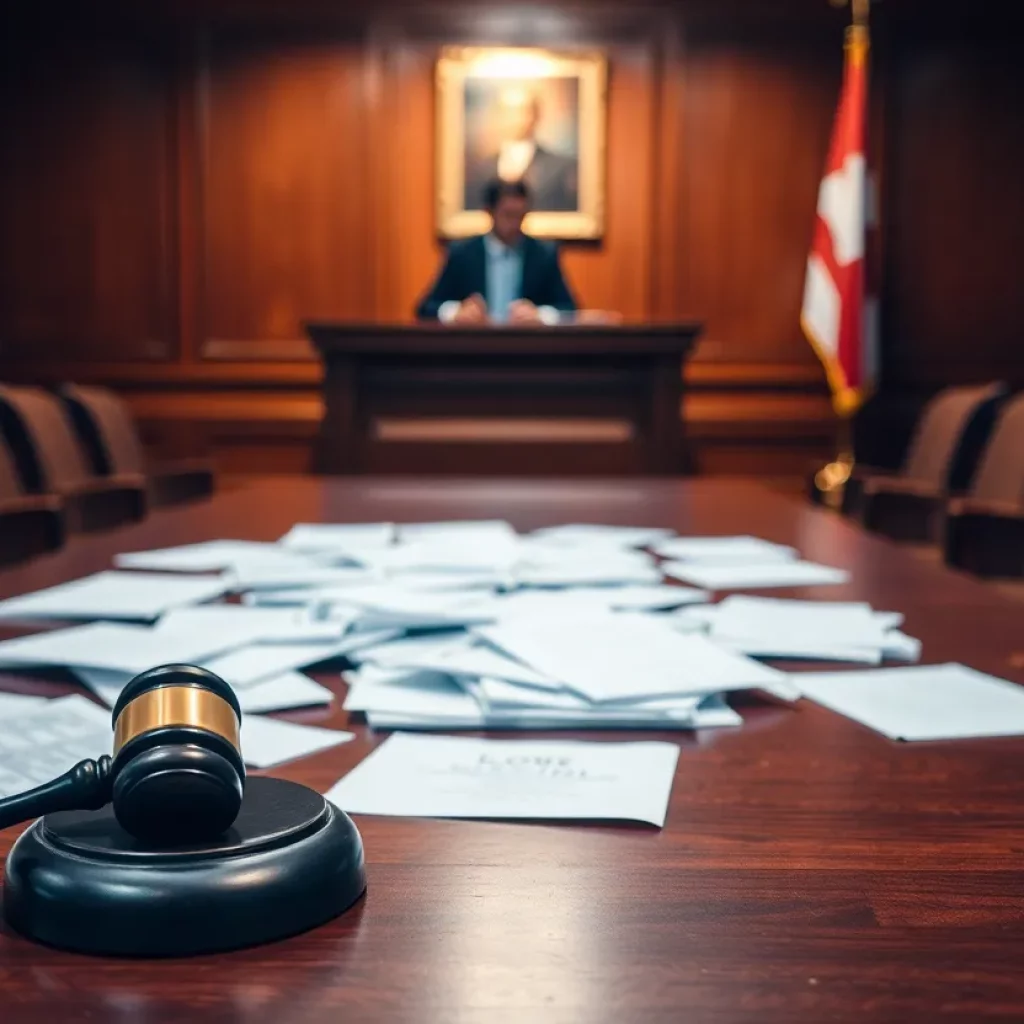 A courtroom scene representing legal tensions and controversy.