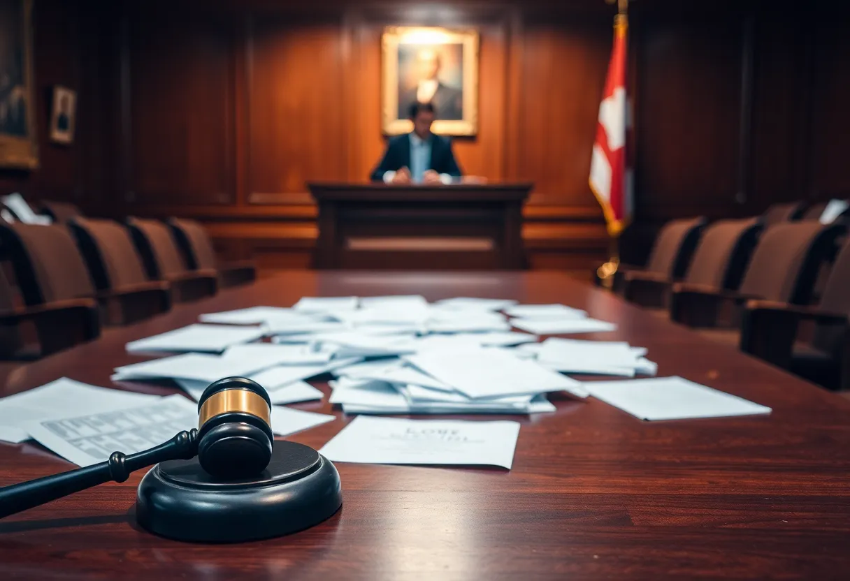 A courtroom scene representing legal tensions and controversy.