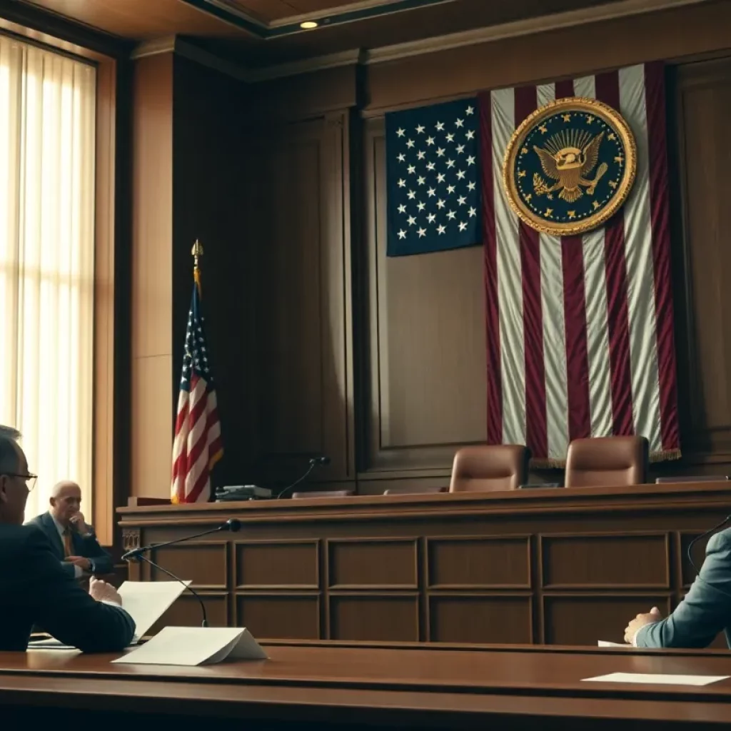 Dramatic courtroom scene with lawyers illustrating a legal debate about federal governance.