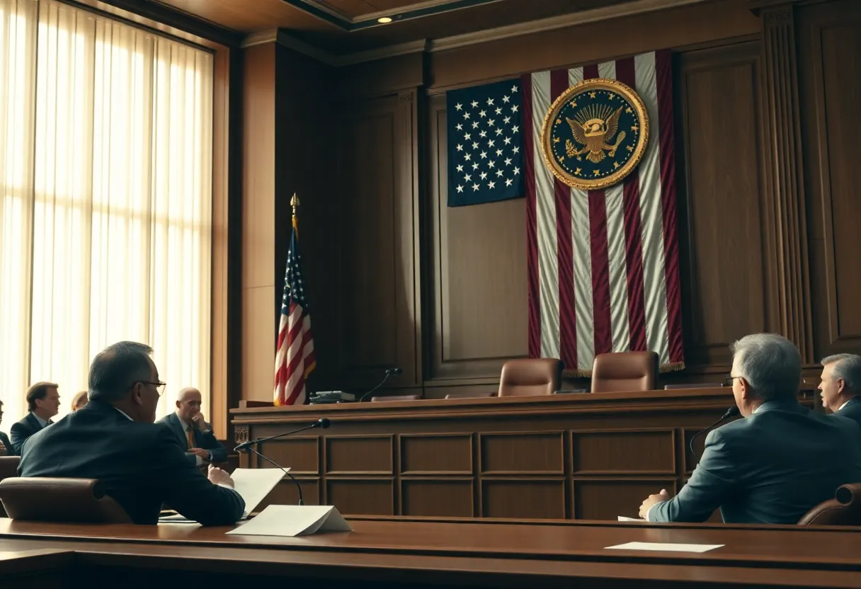 Dramatic courtroom scene with lawyers illustrating a legal debate about federal governance.