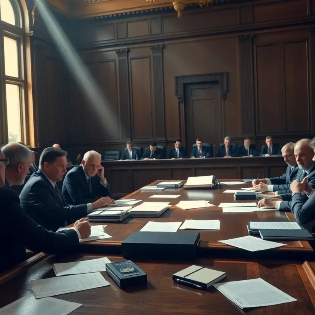 Lawyers engaged in a dramatic discussion in a courtroom
