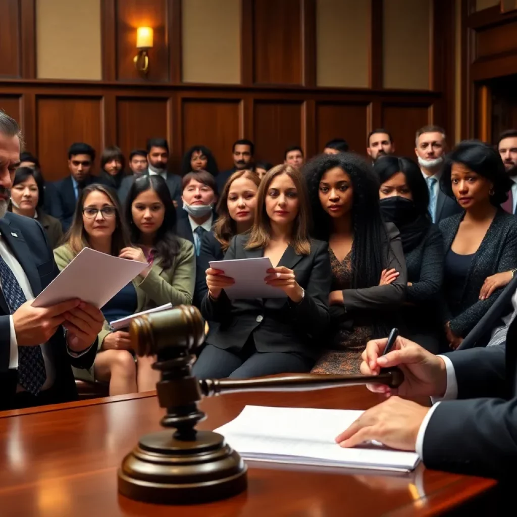 A courtroom with lawyers and legal documents representing a high-profile legal case