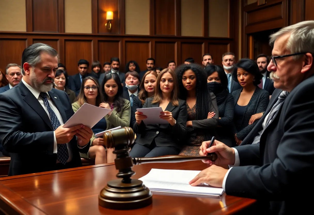 A courtroom with lawyers and legal documents representing a high-profile legal case
