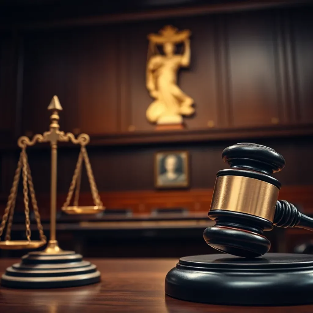 Image depicting a courtroom scene with scales of justice.