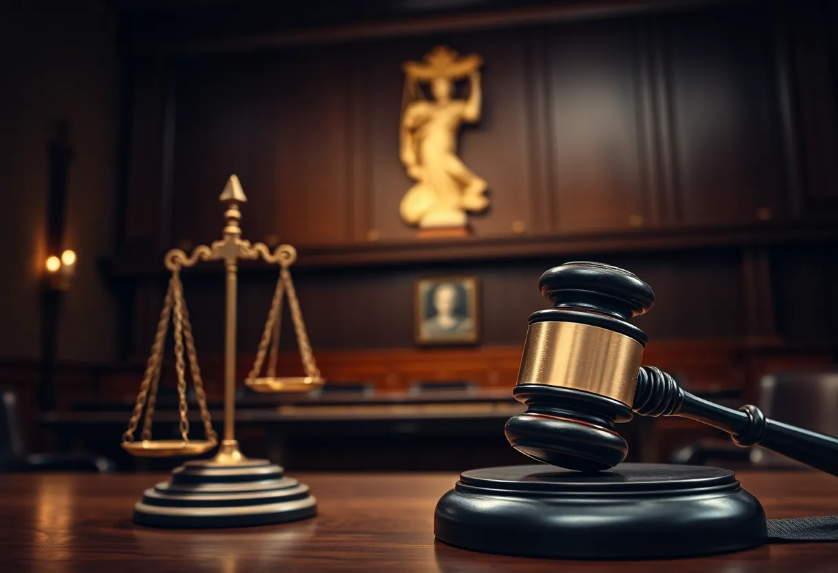 Image depicting a courtroom scene with scales of justice.