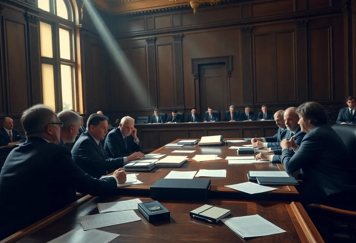 Lawyers engaged in a dramatic discussion in a courtroom