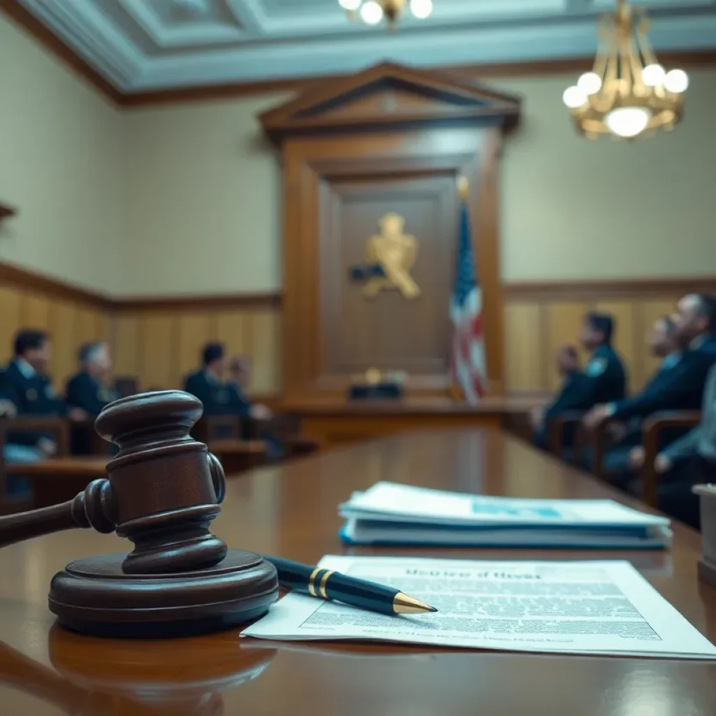 Courtroom with legal documents and badges displayed