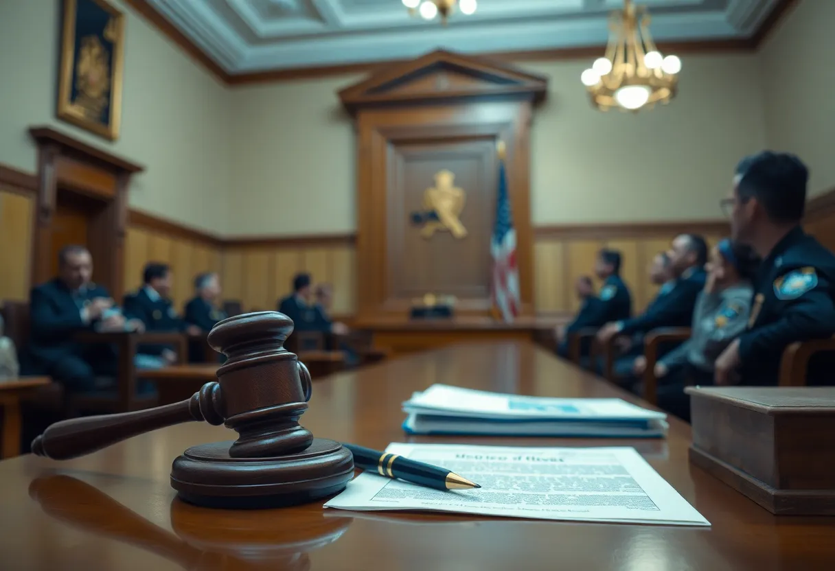 Courtroom with legal documents and badges displayed