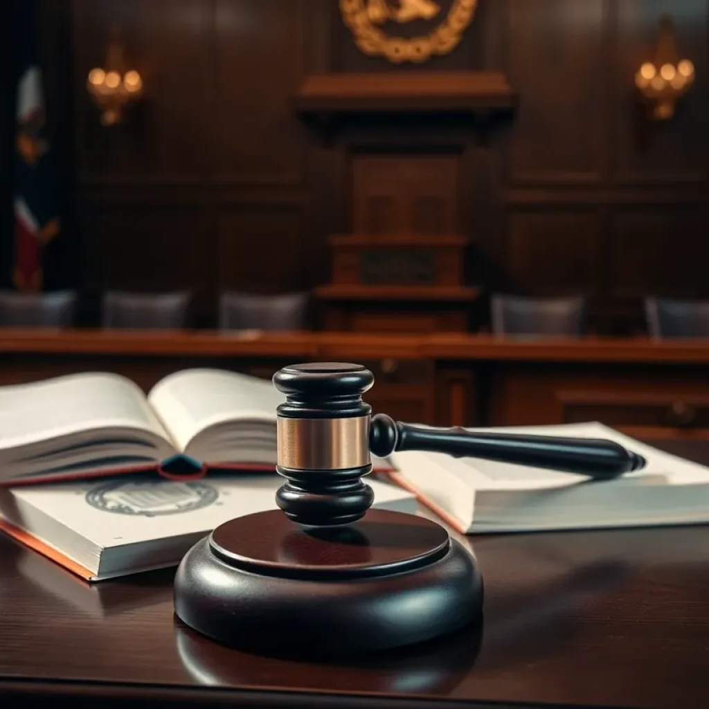 A courtroom setting depicting a gavel and law books