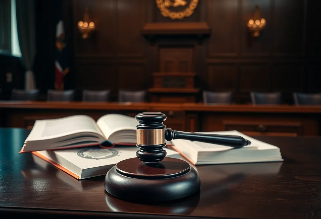A courtroom setting depicting a gavel and law books