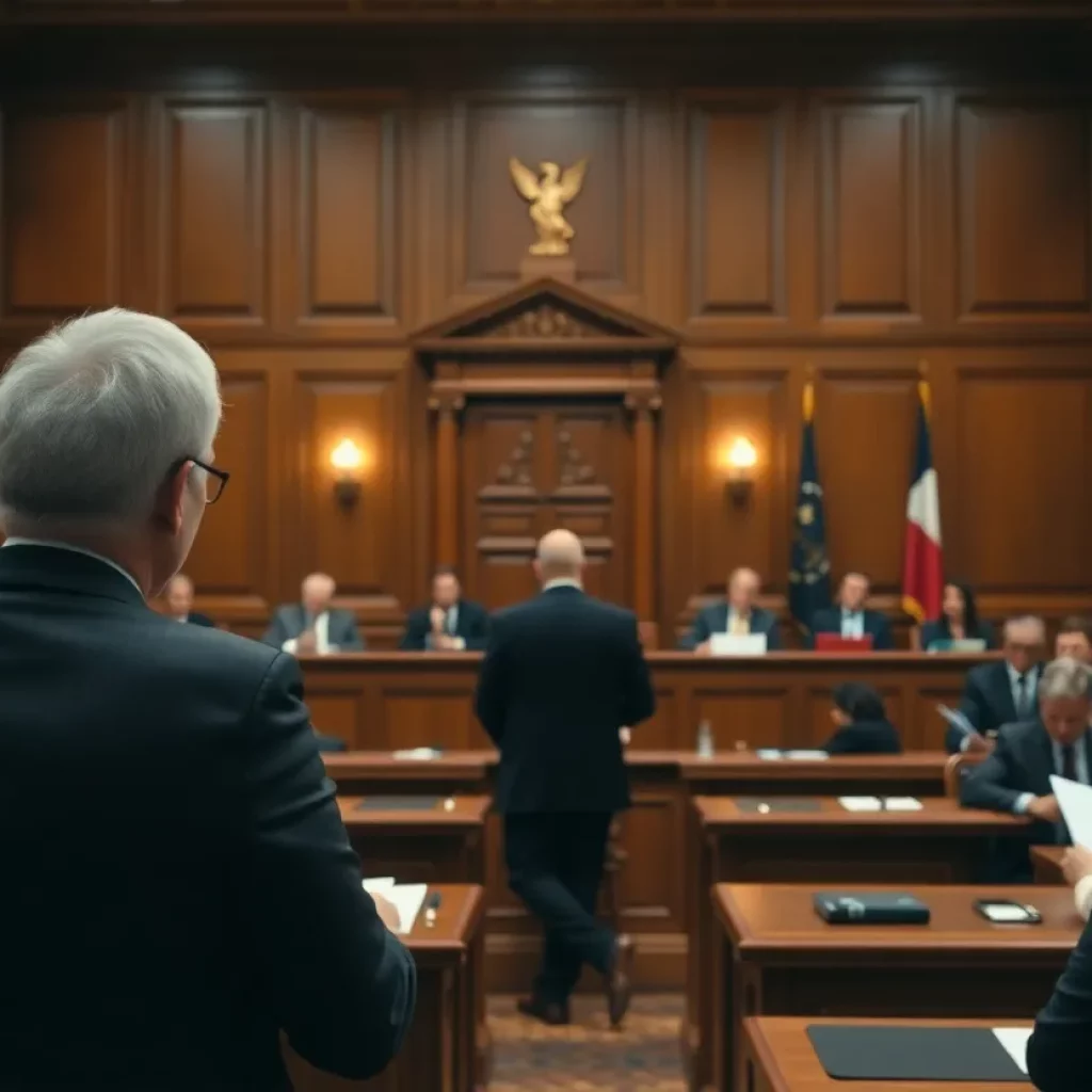 A courtroom showing legal proceedings