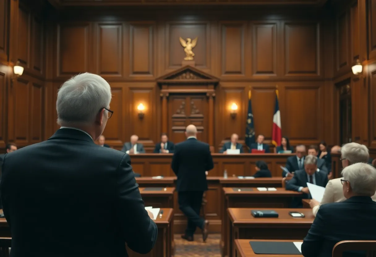 A courtroom showing legal proceedings
