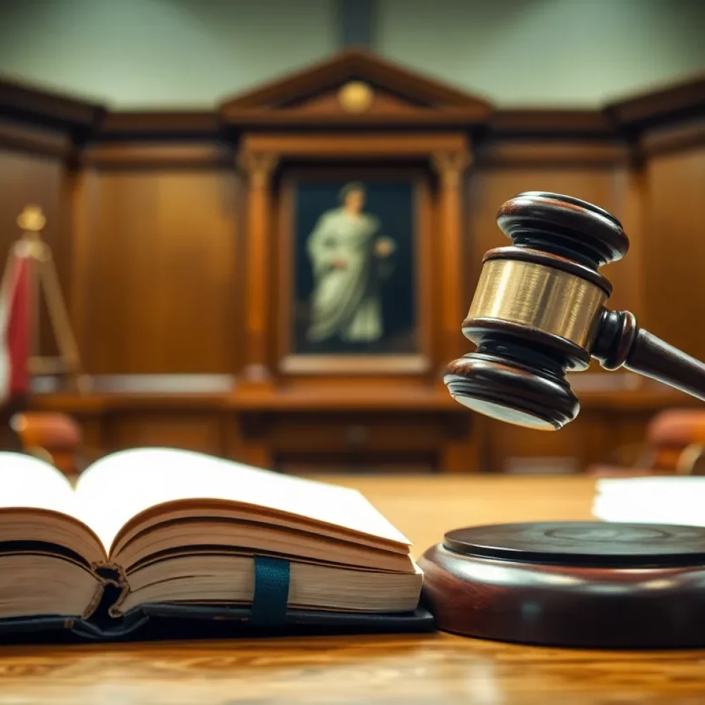 A depiction of a courtroom with legal professionals discussing corruption allegations.