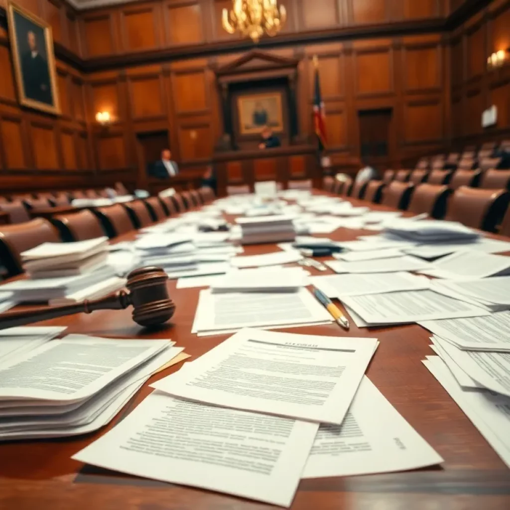 A courtroom filled with documents, depicting legal battles.