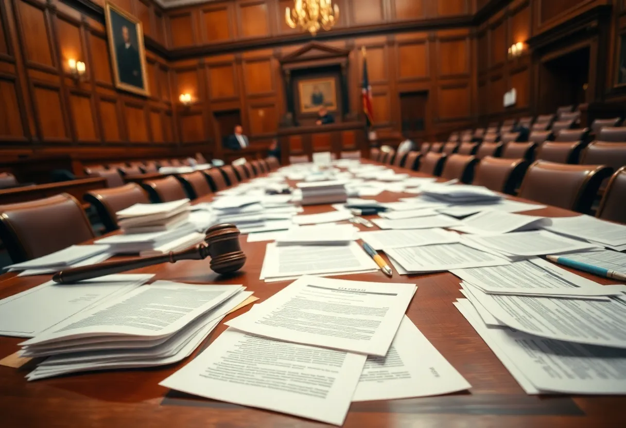 A courtroom filled with documents, depicting legal battles.